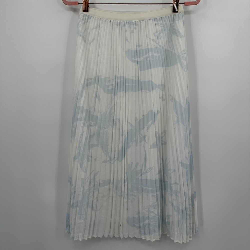 Babaton Pleated Midi‎ Skirt White Blue Abstract Floral Small Tea Party Romantic